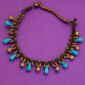 10 inch, Vintage Dangling Blue Beads Gold Tone Spheres Anklet - Q33